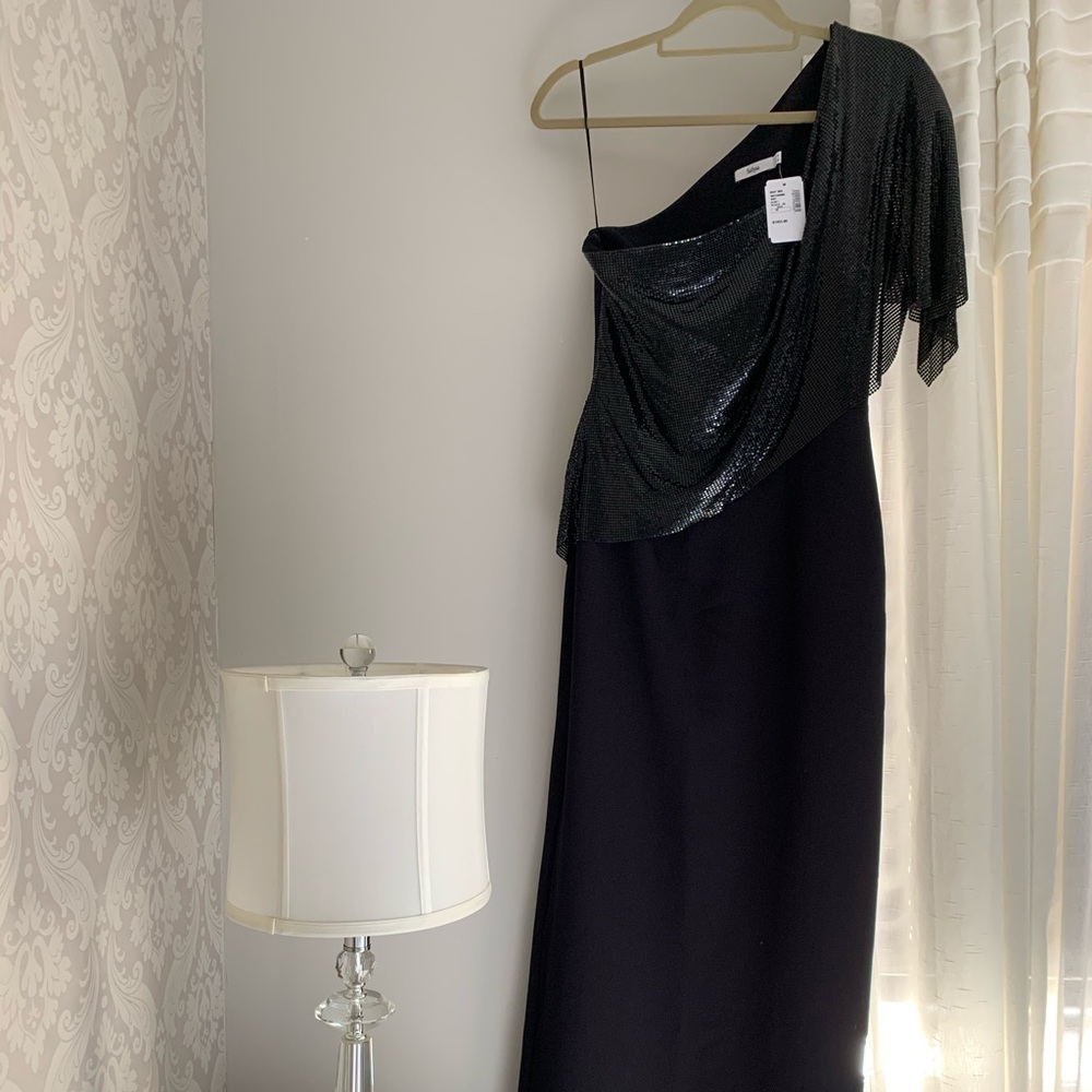 Safiyaa black one shoulder/sequins evening dress.